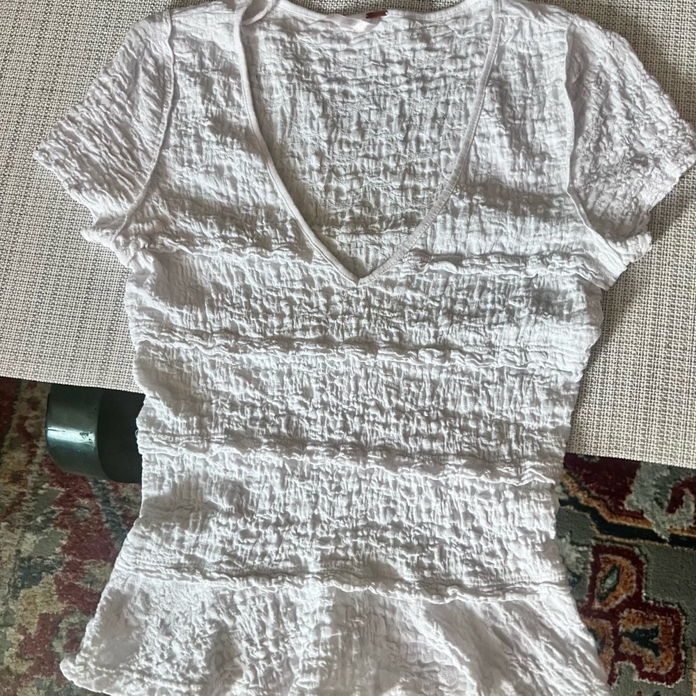 Free People White Ruffled Short Sleeve Blouse - Picture 3 of 13